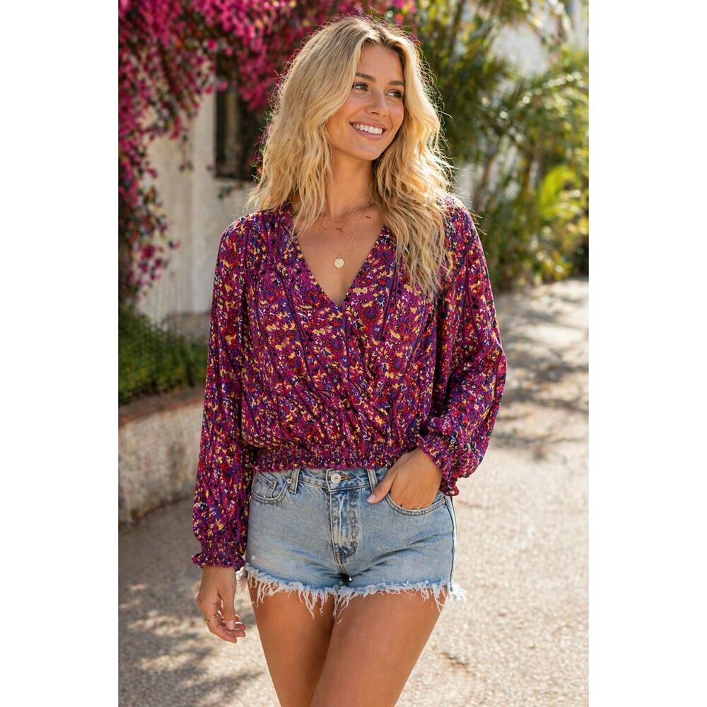 Melloday Floral Boho Blouse Size Large | Smocked Hem V-Neck Long Sleeve Top
